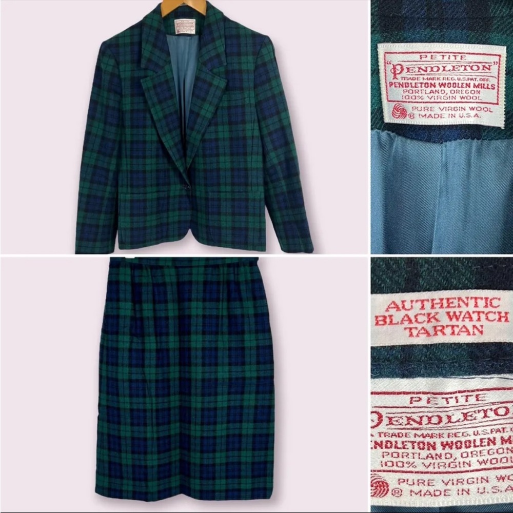 Vintage Pendleton Black Watch Tartan Skirt Suit Set Women’s 12/14 Virgin Wool